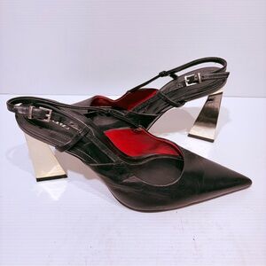 ZARA Leather Slingback Shoes Pointed Toe Metallic Black Heel - 7.5 (38 EU)